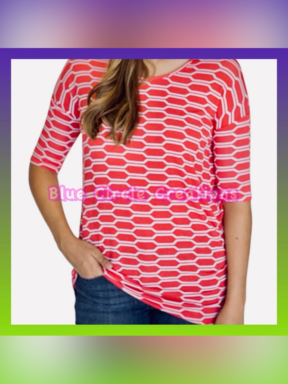 Agnes & Dora™ Hi-Lo 3/4 Sleeve Tunic Top Honeycomb Coral and White Medium